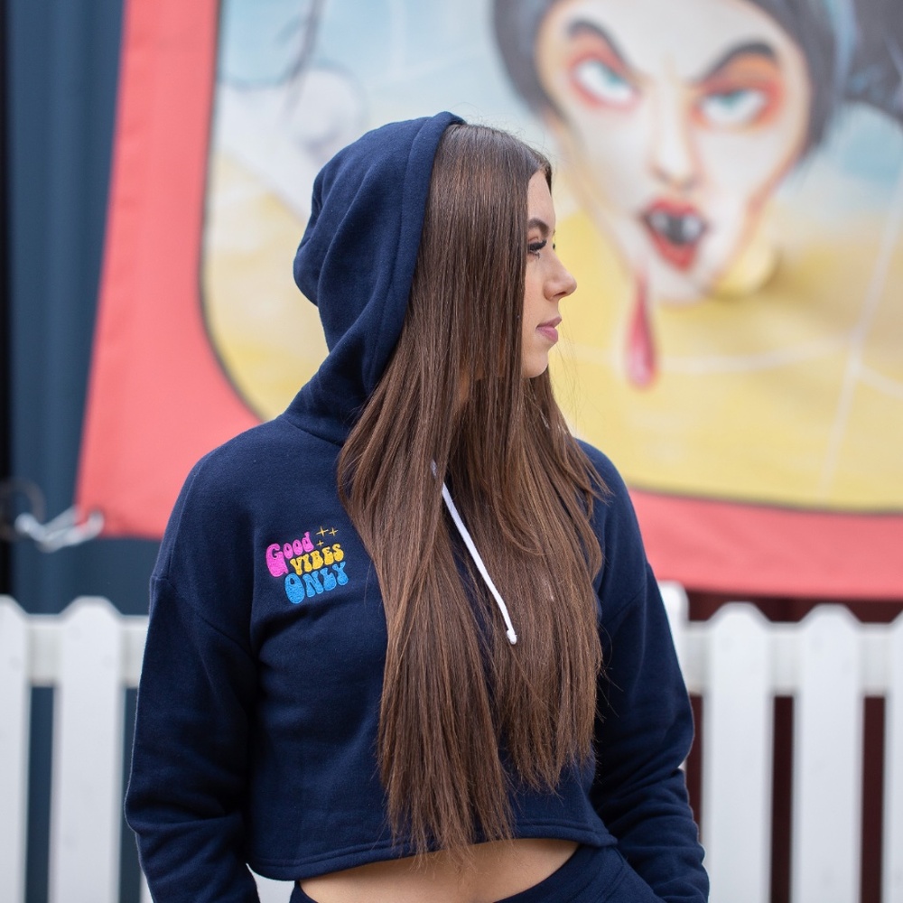 Adult Cropped GOOD VIBES Hooded Sweatshirt-Navy